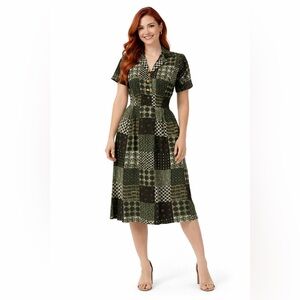Vintage 1950s Housewife Dress Green Patchwork Print Day Dress